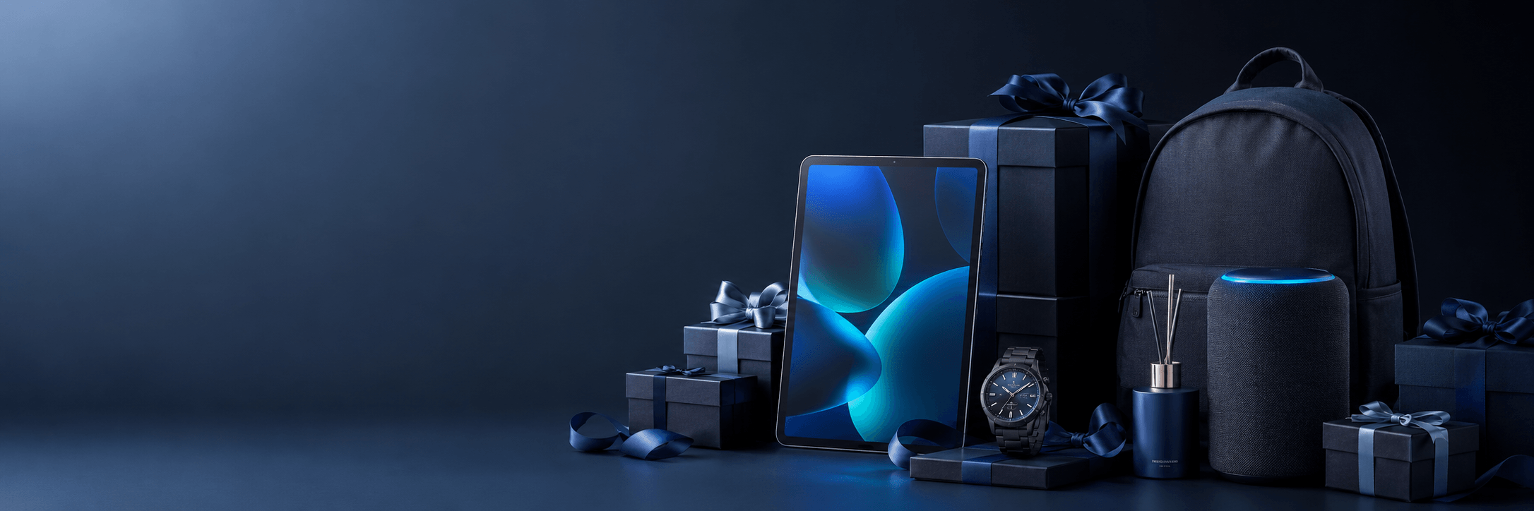 Free Holiday Dark Blue Tech Gifts Banner for eCommerce storefronts
